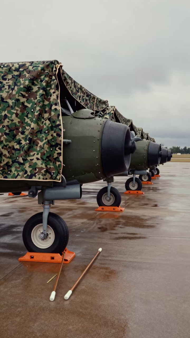 Lobamba Airbase Flight Line Chocks After Rain in beneath a camouflage net shelter in Lobamba