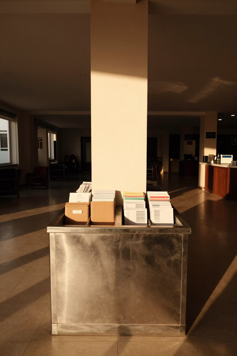 Lobby Checkout Bin With Cards In Warm Light in inside a hotel lobby in Sidi Bel Abbès