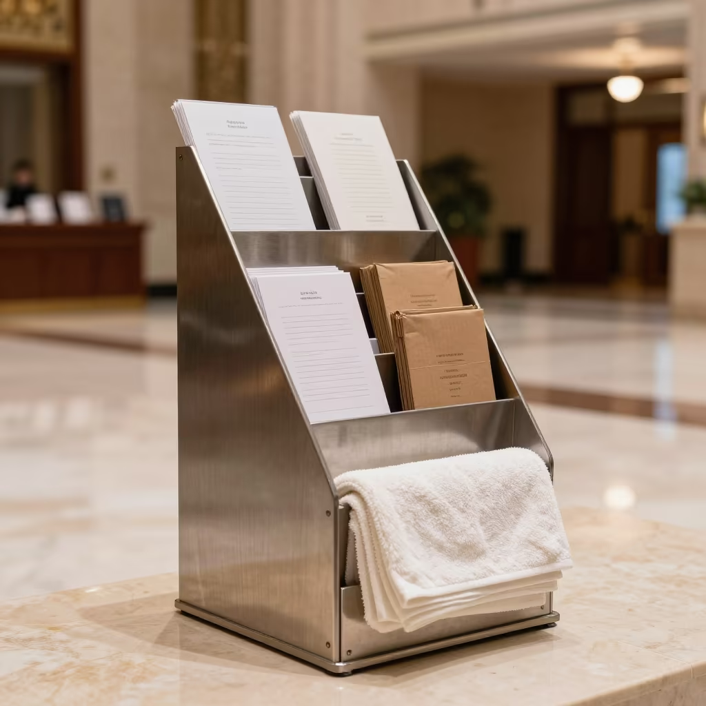 Lobby Envelope Rack With Cards And Towels in inside a banquet hall before service in Shamian Island, Guangzhou