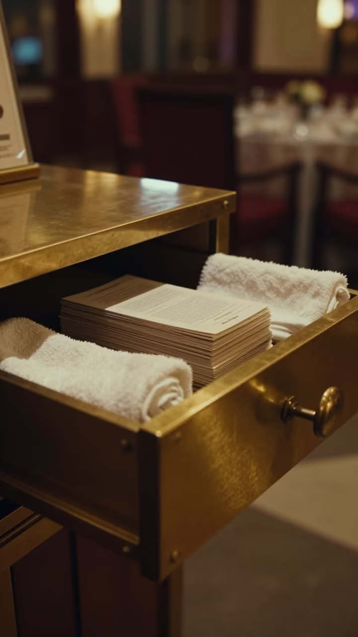Lobby Notice Drawer Before Service Night in inside a banquet hall before service in Kala Ghoda, Mumbai