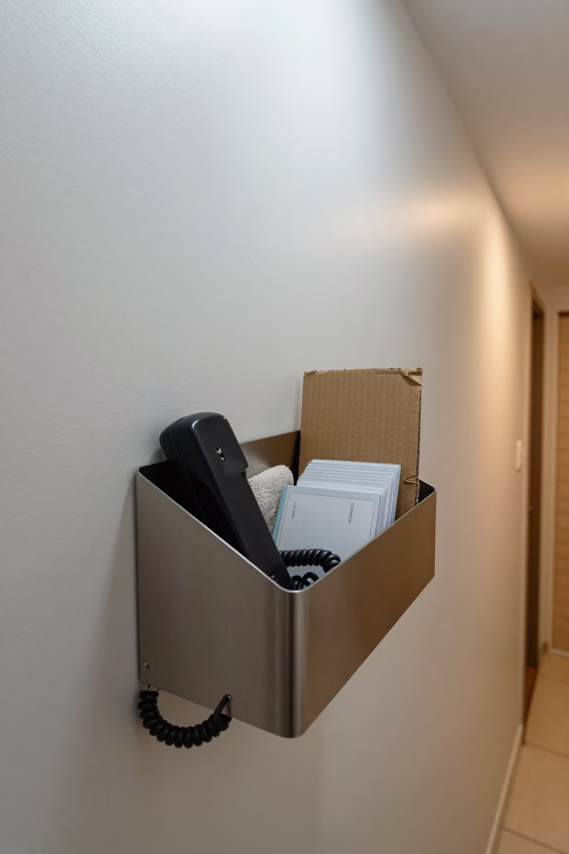 Lobby Phone Bin with Laminated Cards in in a quiet guest corridor in Delmas