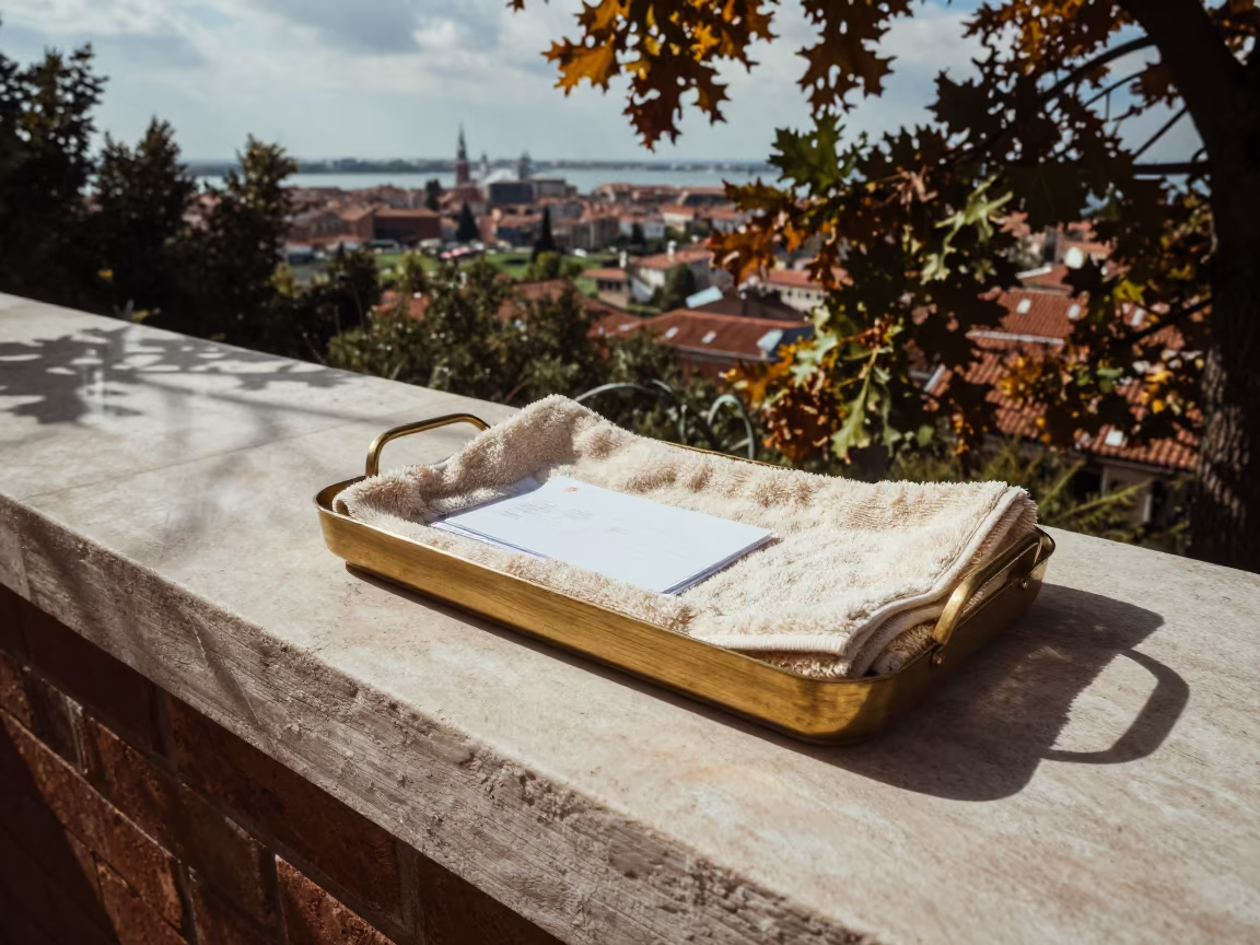 Lobby Towel Tray on Venice Terrace in on a lodge terrace above the valley in Venice