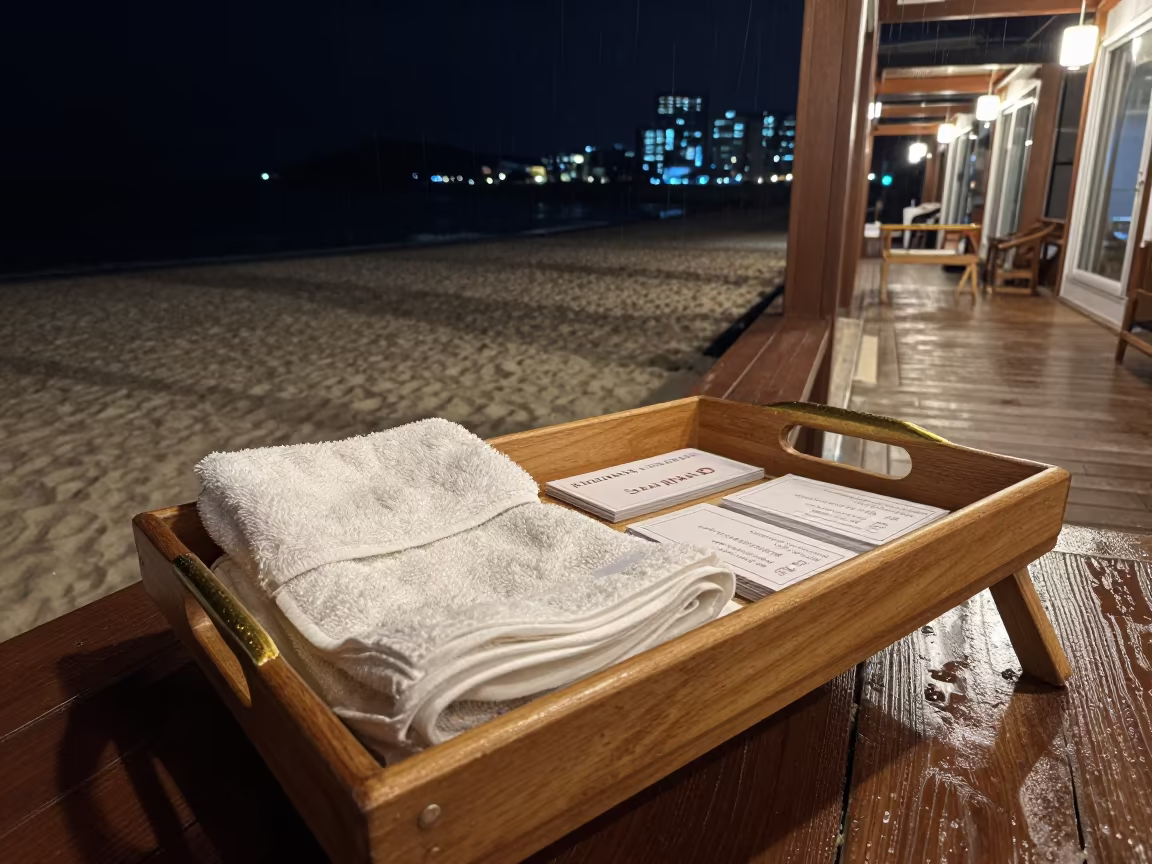 Lobby Tray with Towels in Night Rain Busan in along a beachfront cabana row in Haeundae, Busan