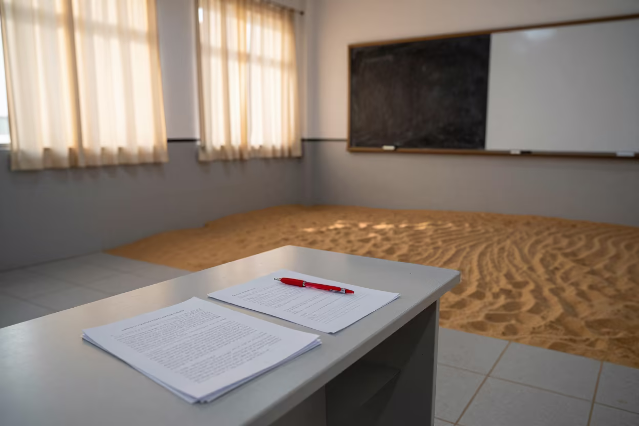 Lobito Lecture Hall Dawn Desk and Sand Floor in in a lecture hall before the crowd arrives near Lobito