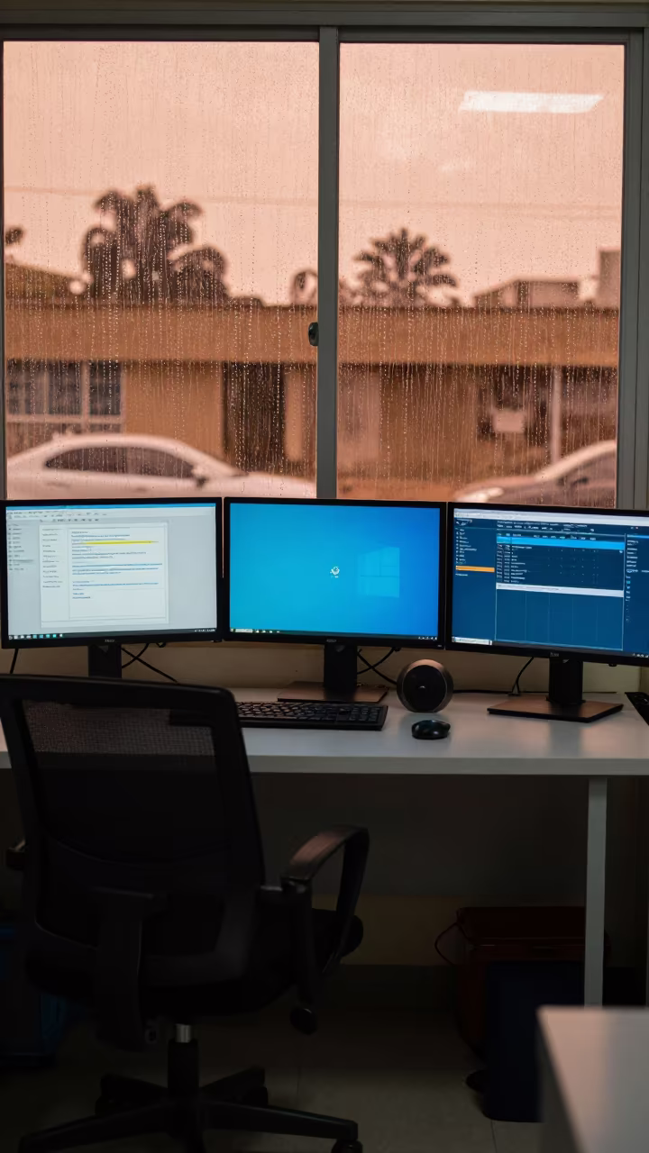 Lobito Operations Center Analyst Desk Monitor Bank in in an operations center under monitor glow in Lobito