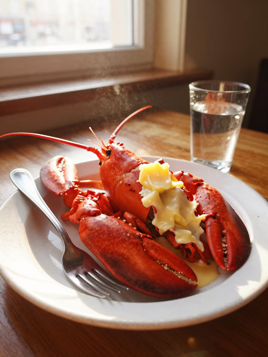 Lobster Dinner with Butter at Golden Hour in at a roadside diner table in St Petersburg