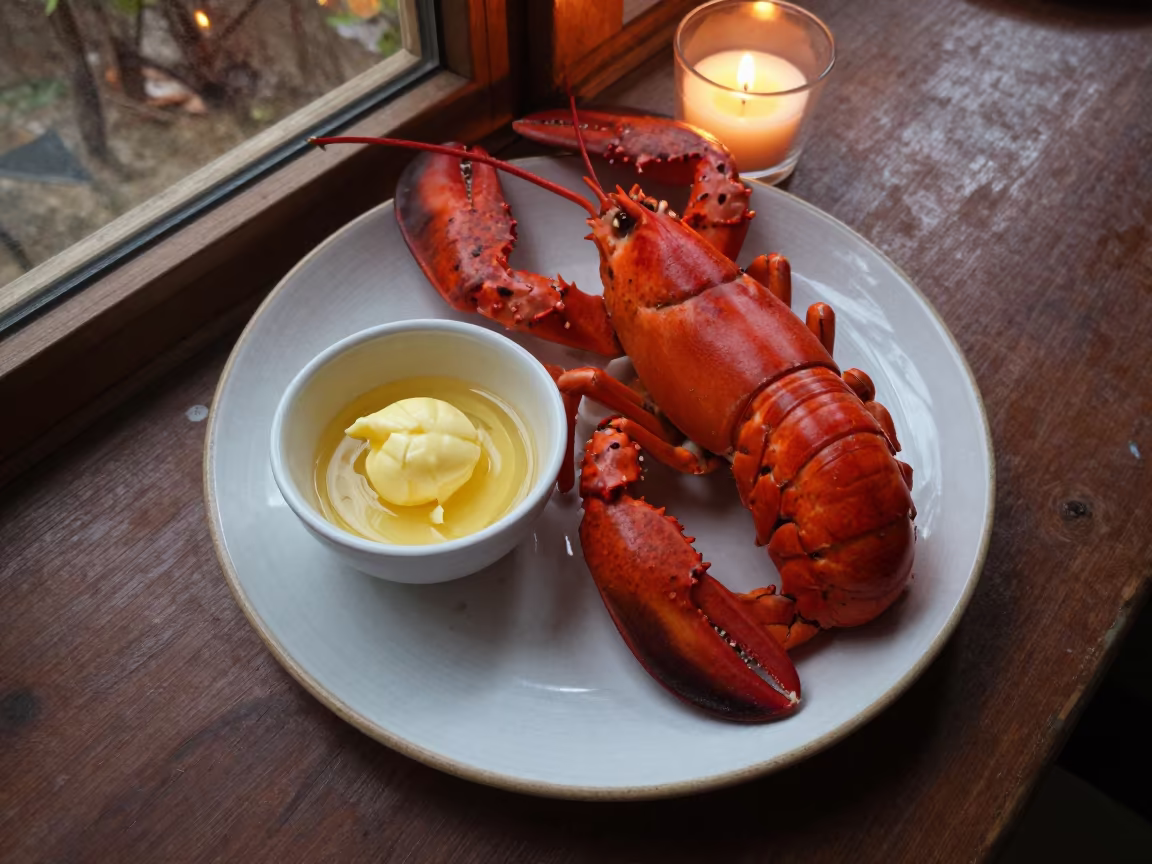 Lobster Dinner with Butter in Jijiga Window Light in on a ceramic plate by a window in Jijiga