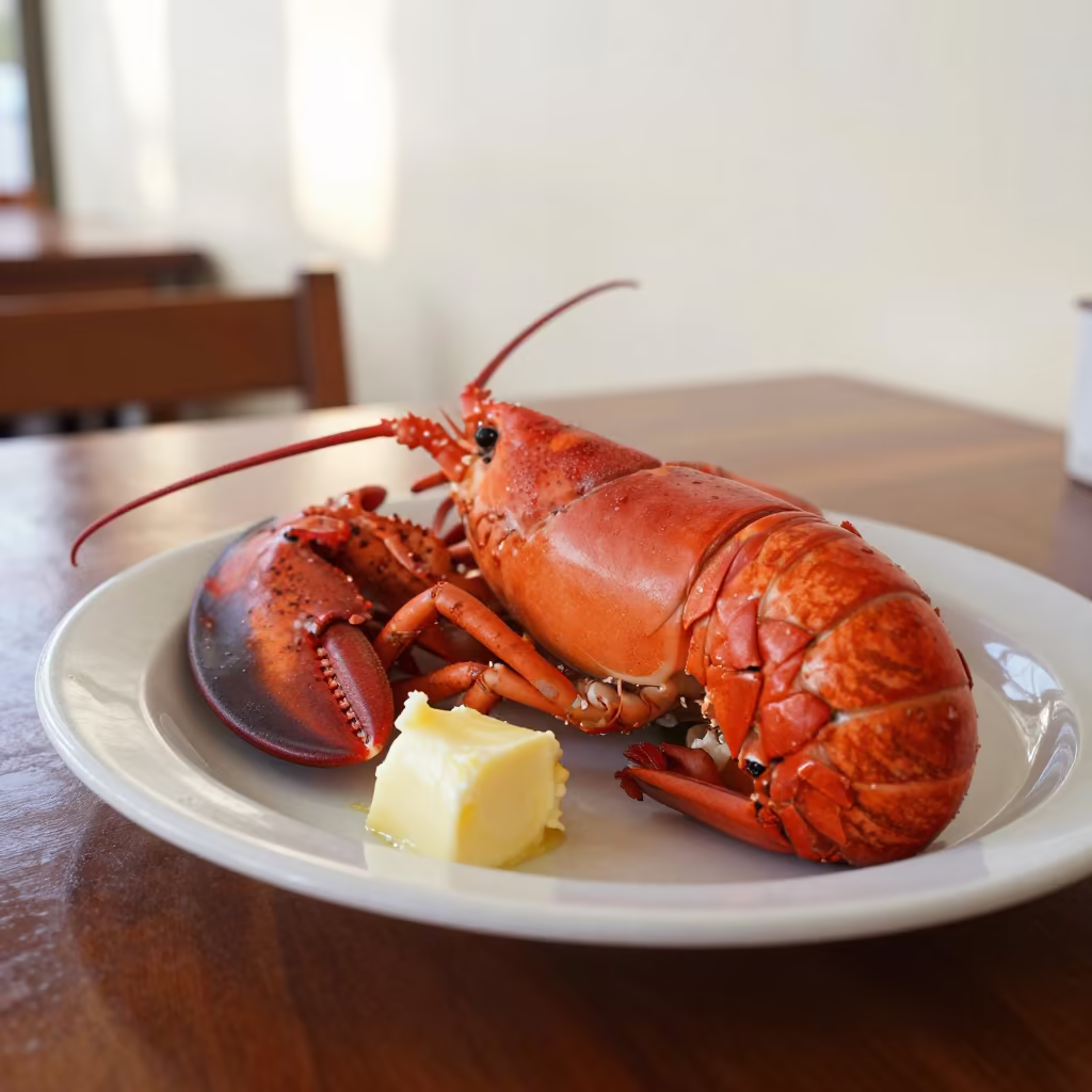 Lobster Dinner with Drawn Butter on Helwan Diner Table in at a roadside diner table in Helwan