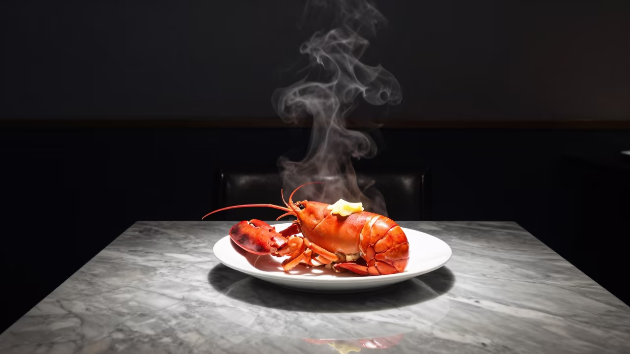 Lobster Dinner with Drawn Butter on Marble Table in on a marble cafe table in Kasama