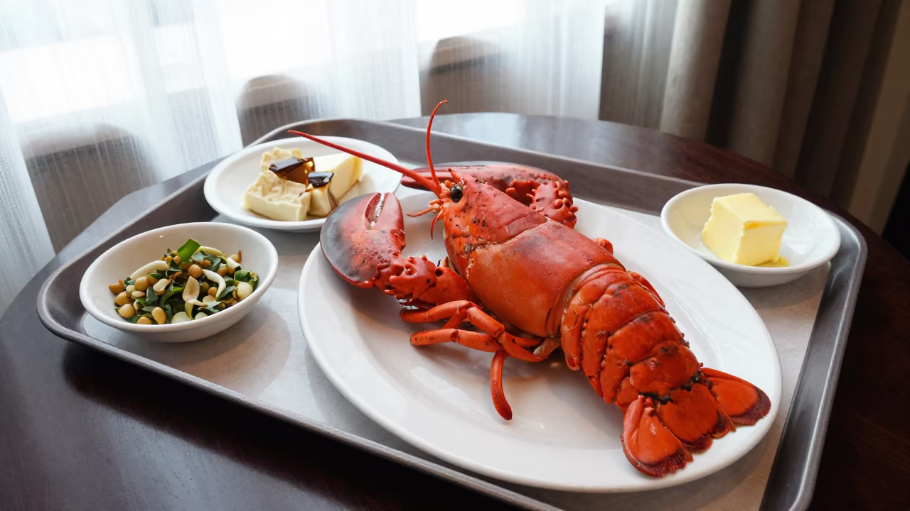 Lobster Dinner with Drawn Butter on Tea House Tray in on a tea house tray in Gliwice