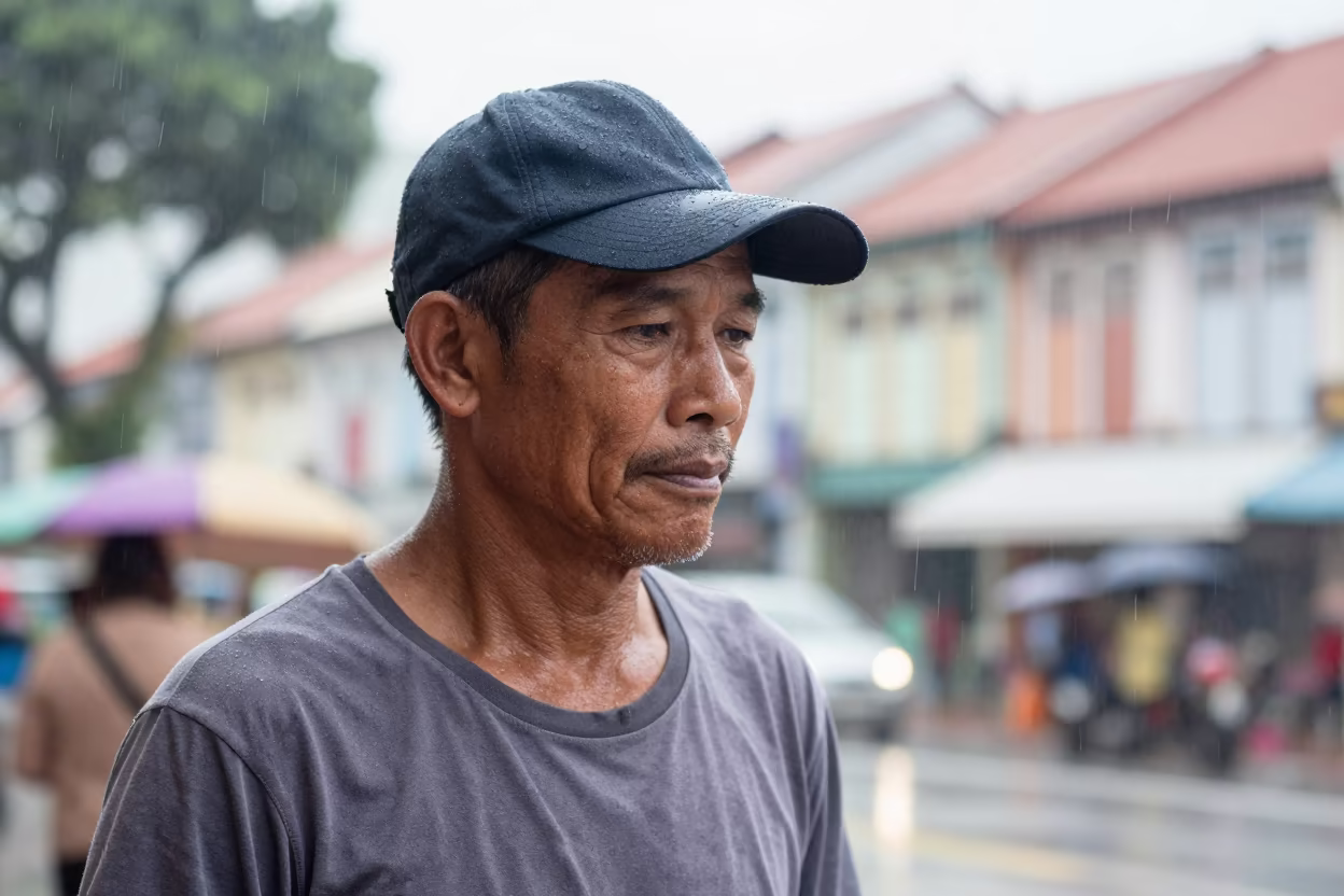 Lobster Fisherman Squinting in Monsoon Morning Light in at the edge of a village square near Chinatown, Singapore