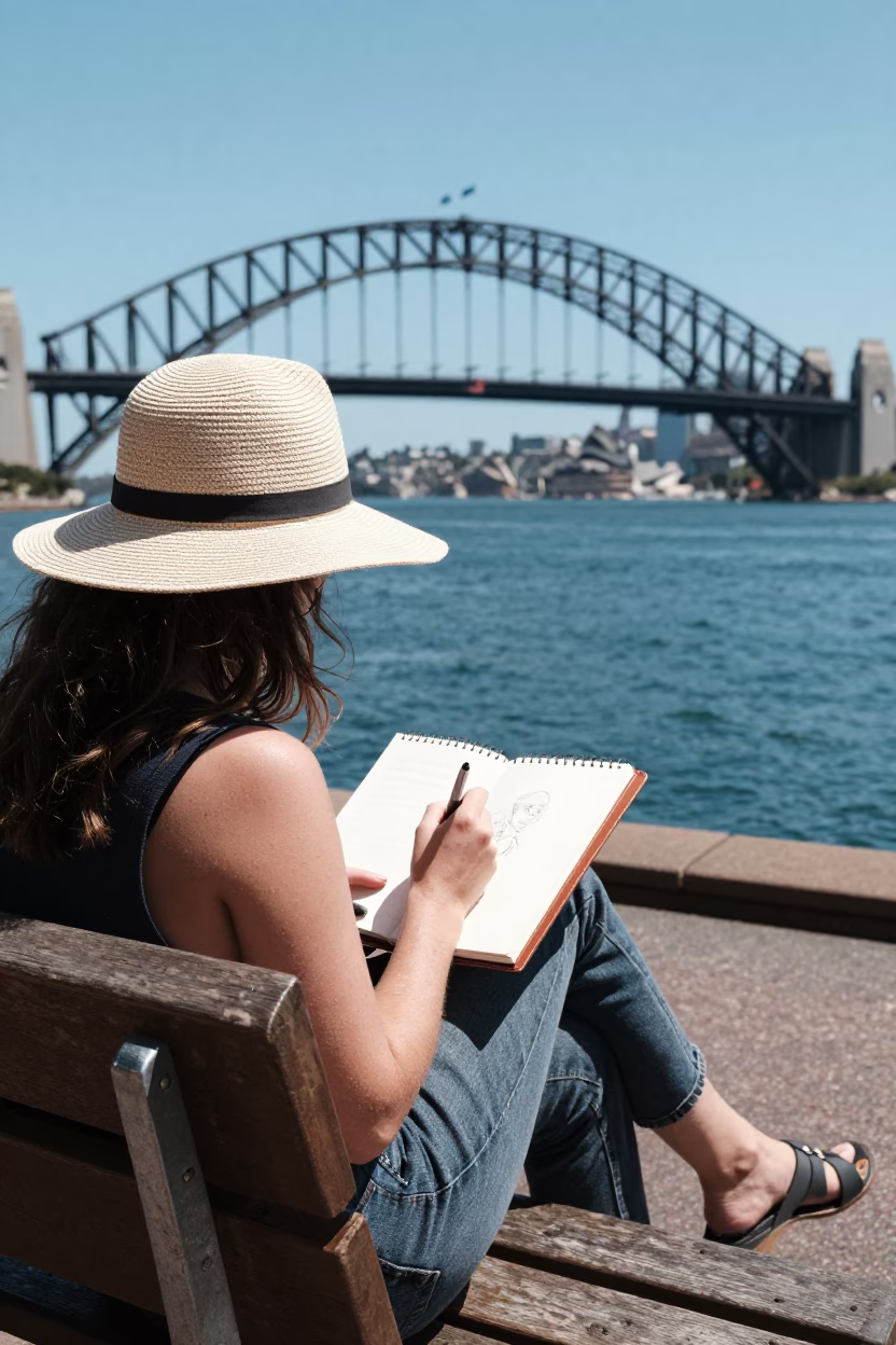 Local Artist Sketching Harbour Bridge in Sydney in in Sydney, New South Wales, Australia
