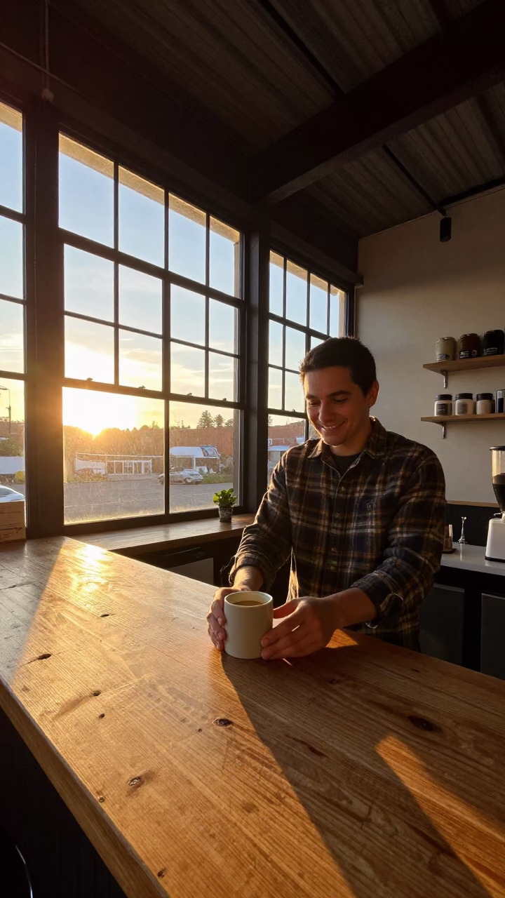 Local Coffee Shop Interior at Golden Hour in Portland in in Portland, Oregon, United States