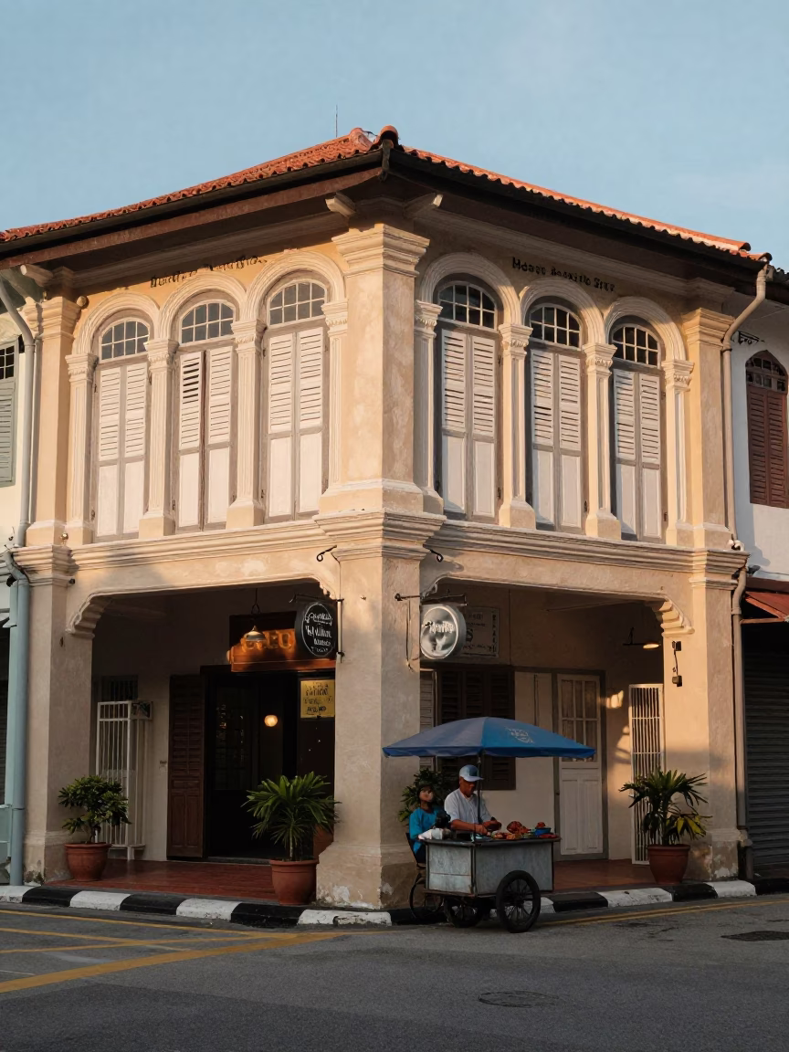 Local Commerce in George Town at Honeyed Evening Light in in George Town, Malaysia
