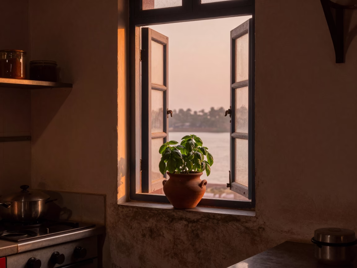 Local Kitchen in Kochi at Copper-toned Light Before Dusk in in Kochi, India