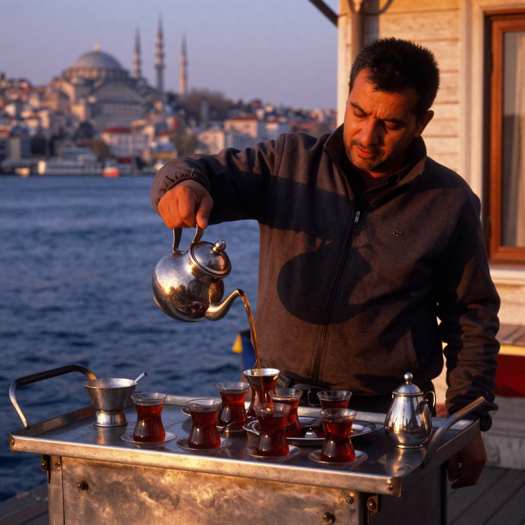 Local Life in Istanbul at Copper-toned Light Before Dusk in in Istanbul, Turkey