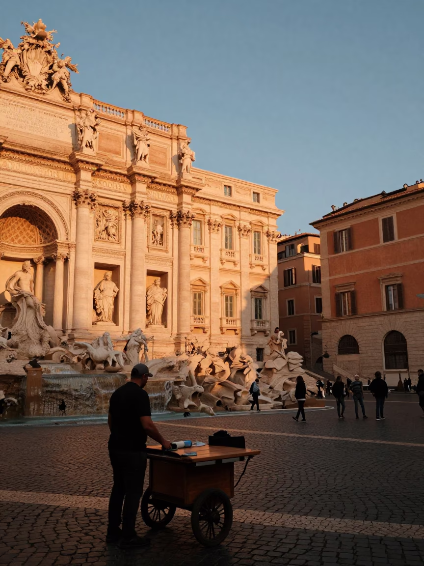 Local Life in Rome at Copper-toned Light Before Dusk in in Rome, Italy