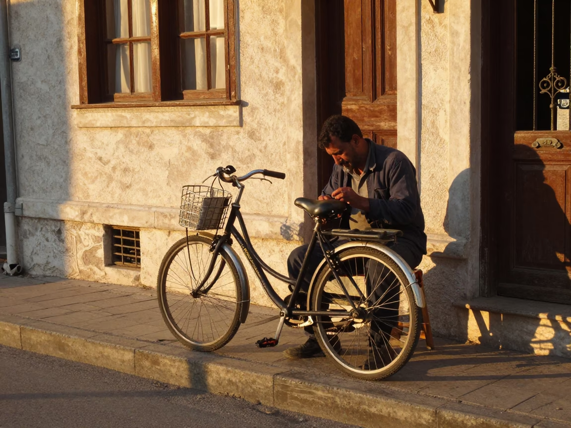 Local Man Repairing Bicycle in Izmir at Golden Hour in in Izmir, Turkey
