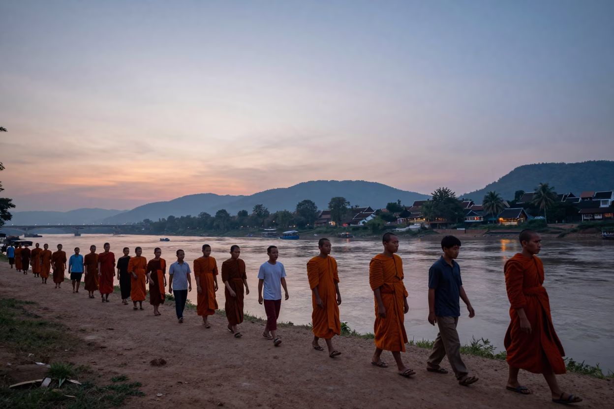 Local Residents in Luang Prabang at First Light Of Dawn in in Luang Prabang, Laos