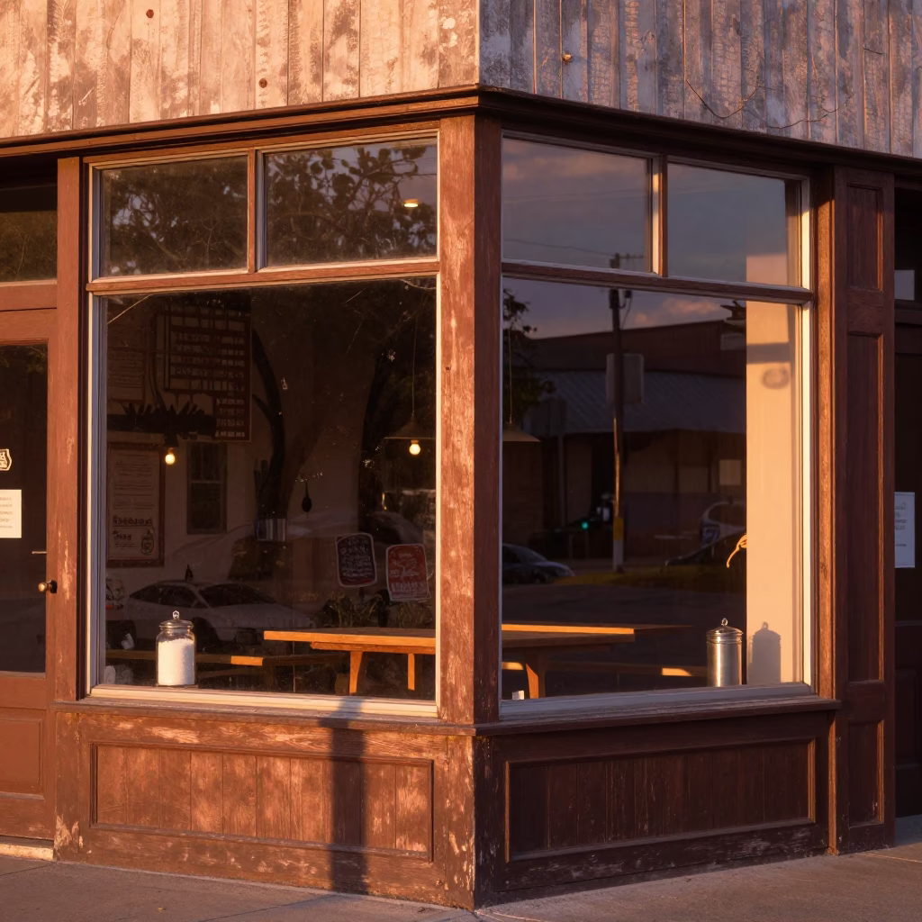 Local Shop Window in Austin at Copper-toned Light Before Dusk in in Austin, Texas, United States
