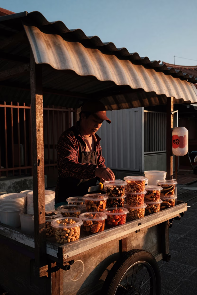 Local Snacks in Tainan at Copper-toned Light Before Dusk in in Tainan, Taiwan