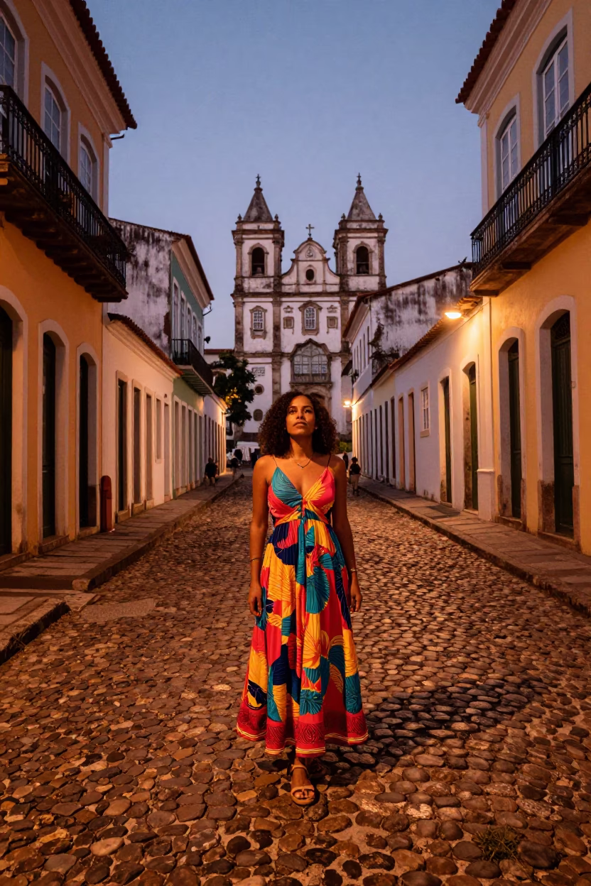 Local Woman in Salvador at Copper-toned Light Before Dusk in in Salvador, Brazil