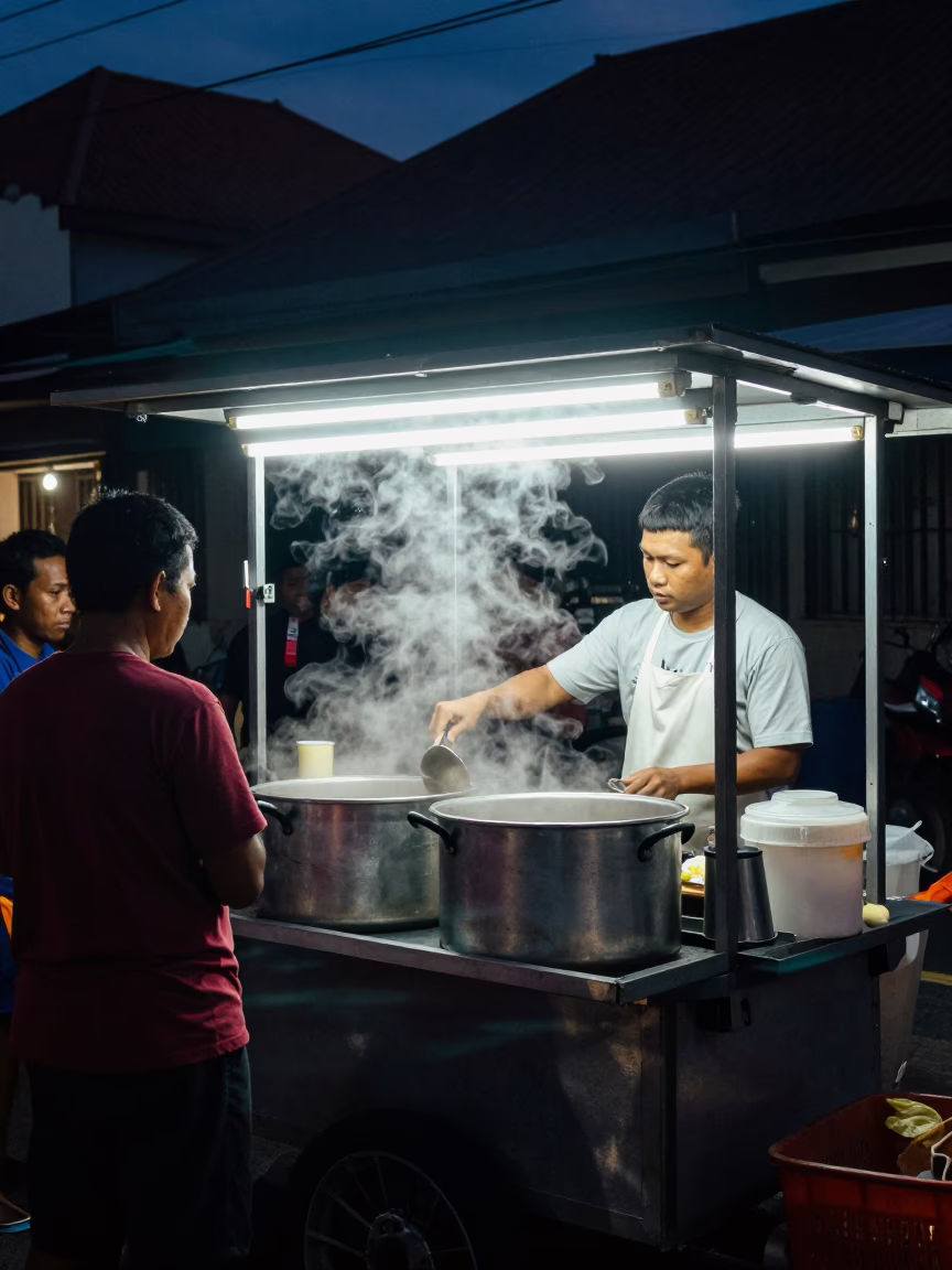 Locals in Denpasar at The Predawn Darkness Light in in Denpasar, Indonesia