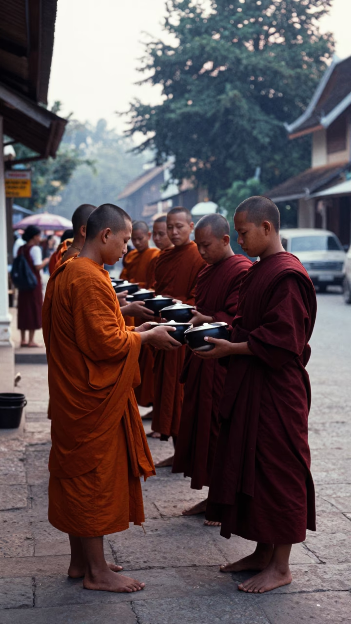 Locals in Luang Prabang at Early Morning Light in in Luang Prabang, Laos