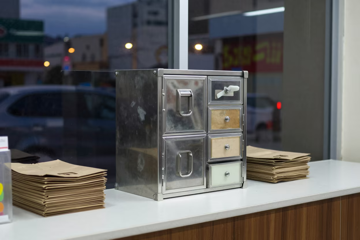 Lock Box on Cash Wrap Counter in Barquisimeto in at a cash wrap counter with bags stacked nearby in Barquisimeto