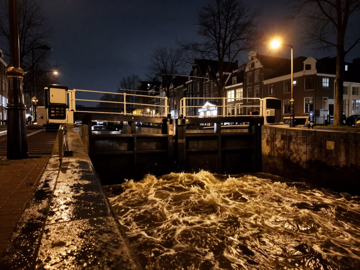 Lock Gate in Amsterdam at Deep In The Night Light in in Amsterdam, Netherlands