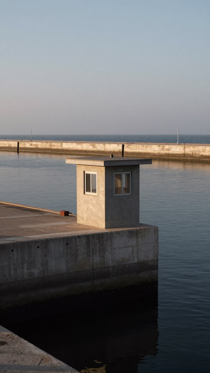 Lock Keeper Cabin at Dawn on Haifa Water in beside a storm surge barrier in Haifa