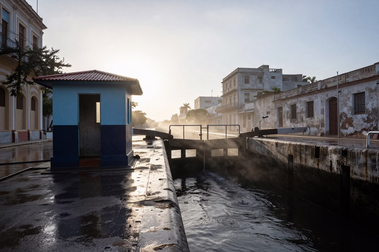 Lock Keeper Cabin at Dawn in Havana in at a canal lock chamber in Habana Vieja, Havana