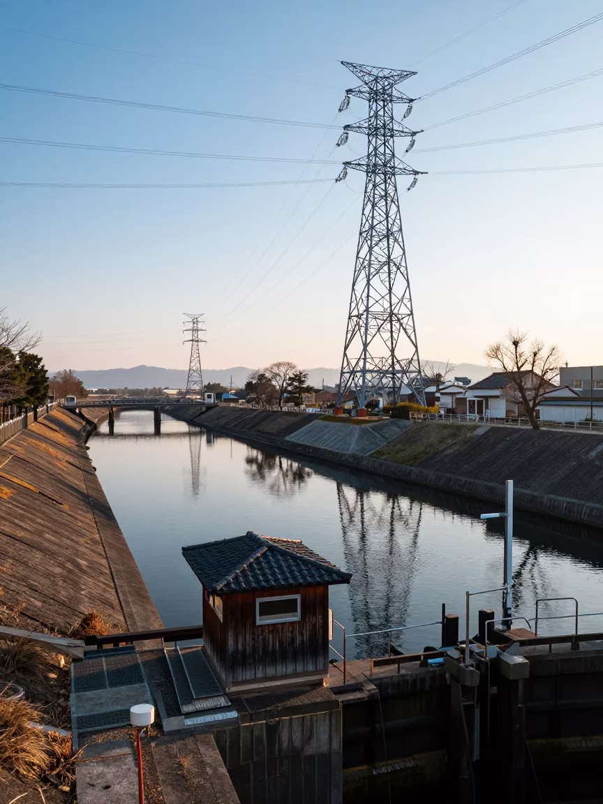 Lock Keeper Cabin Dawn Under Japanese Towers in beneath transmission towers in Japan