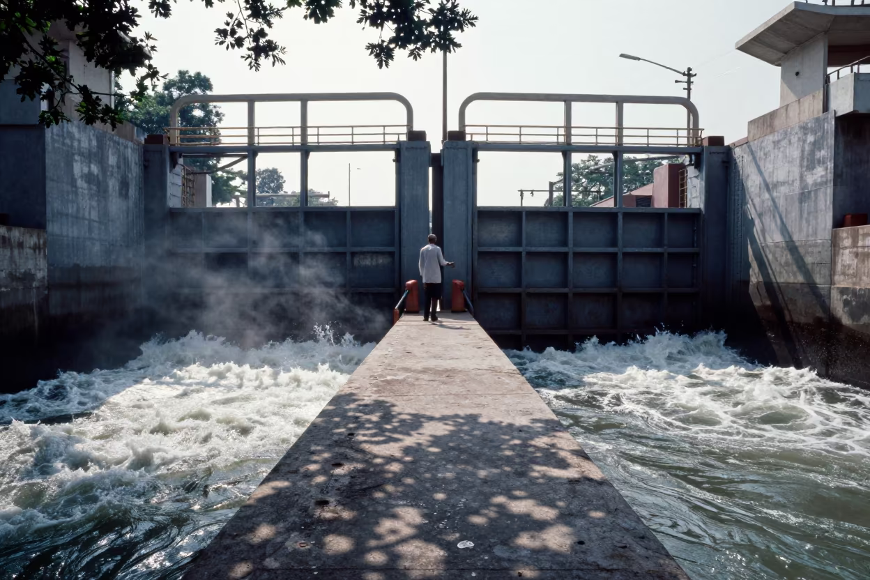 Lock Keeper Path Over Gates in Gujarat in along a levee path above floodwater in Gujarat