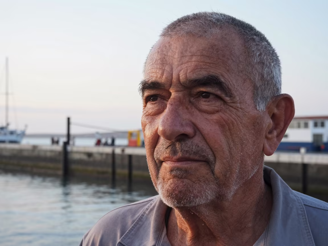 Lock Keeper Squinting in Dawn Drizzle Near Naples in beside a harbor wall near Naples