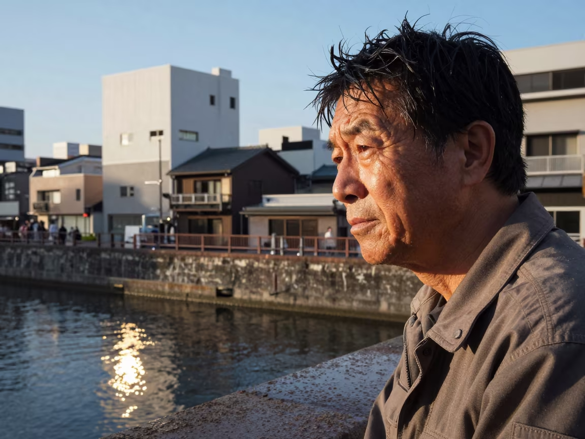 Lock Keeper Squinting in Osaka Drizzle in along a windswept rooftop near Dotonbori, Osaka