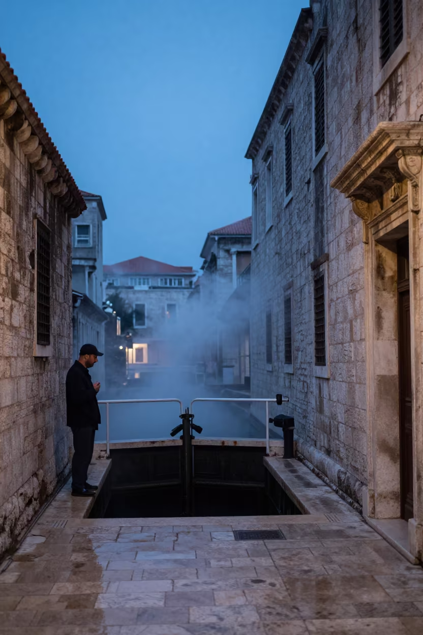 Lock Keeper Twilight Smoke Portrait Split in in a narrow stone alley near Diocletian's Palace, Split