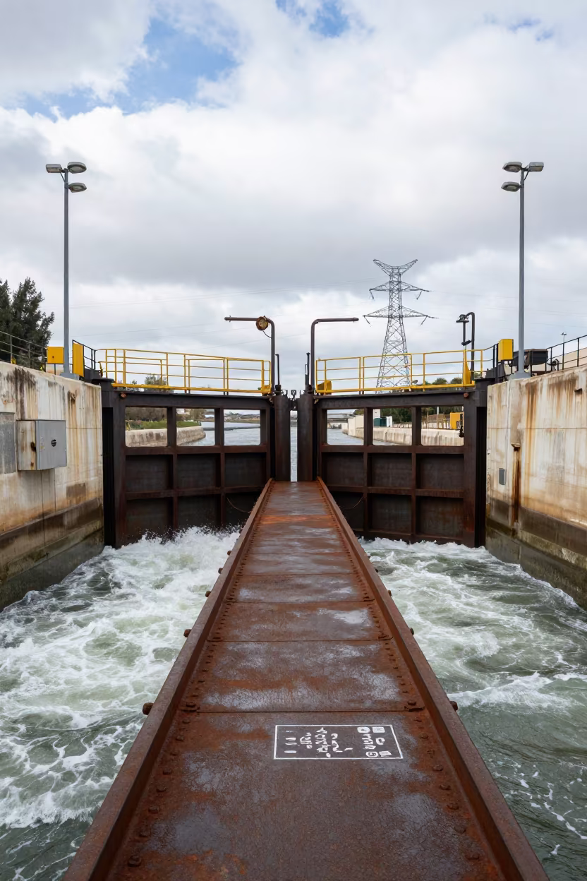 Lock Keeper Walkway Over Gates Israel in beneath transmission towers in Israel