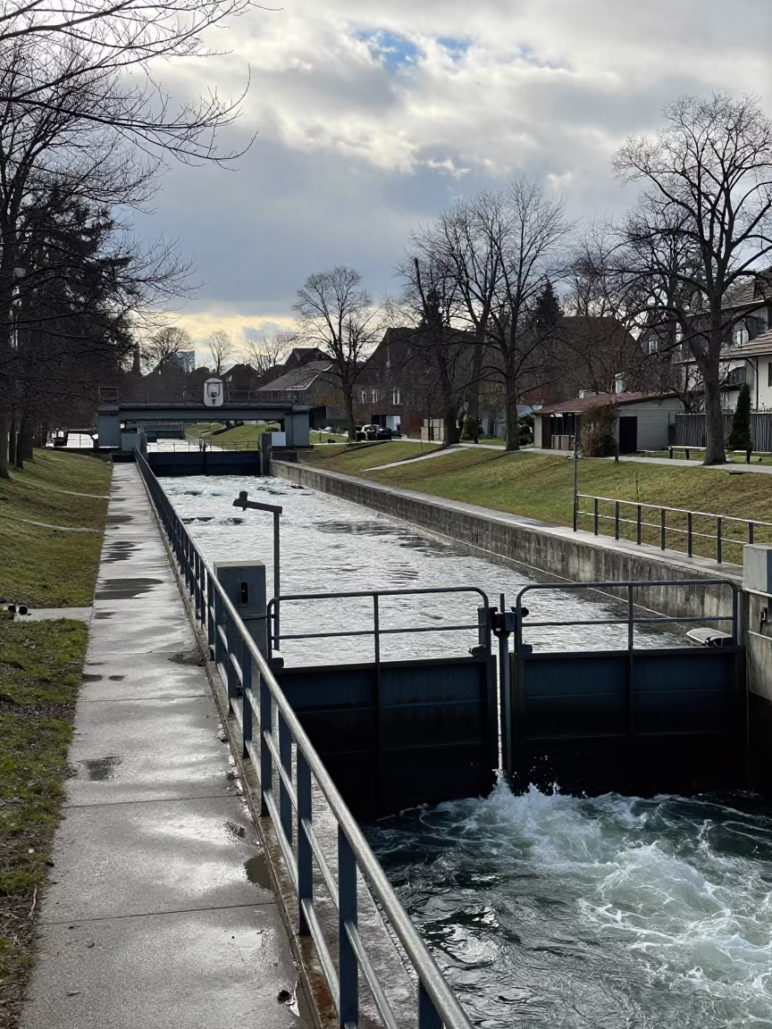 Lock Keeper Walkway Over Steel Gates Munich in along a levee path above floodwater near Englischer Garten, Munich