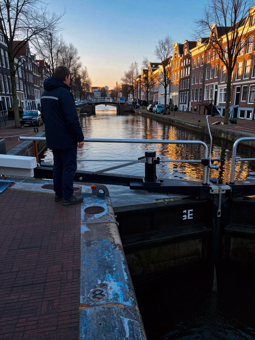 Lock Operator in Amsterdam at Sunrise Light in in Amsterdam, Netherlands