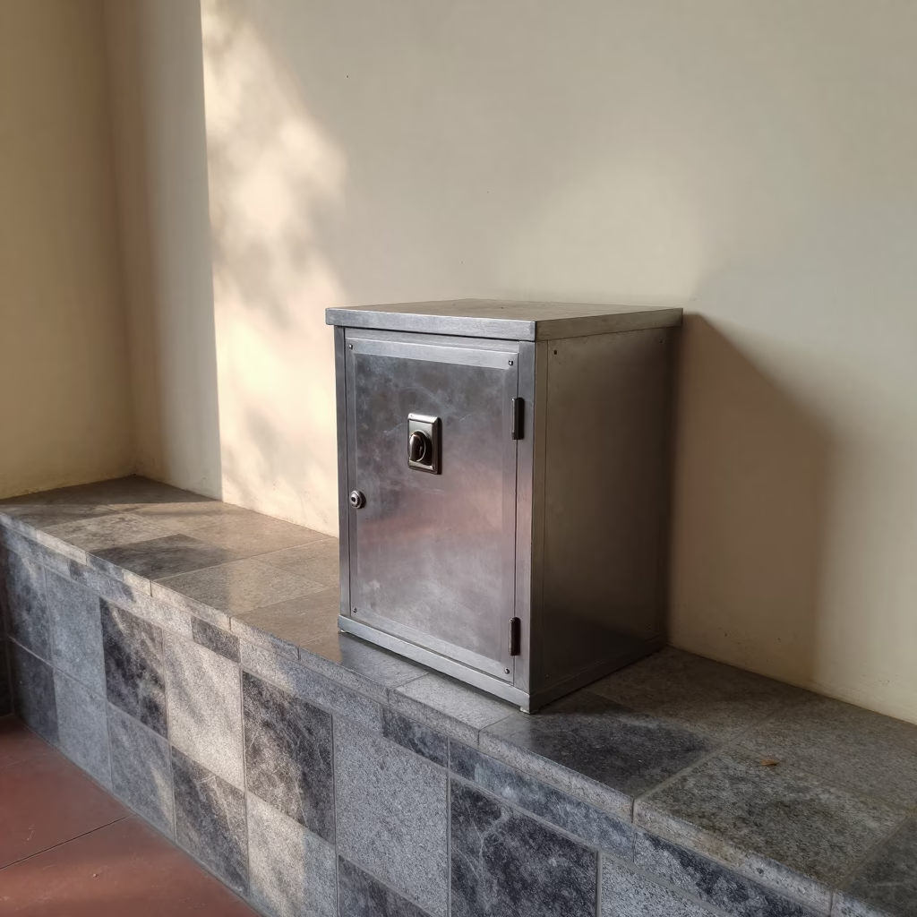 Lockbox on Checkered Shelf in Vinh Storeroom in on a stone ledge in Vinh