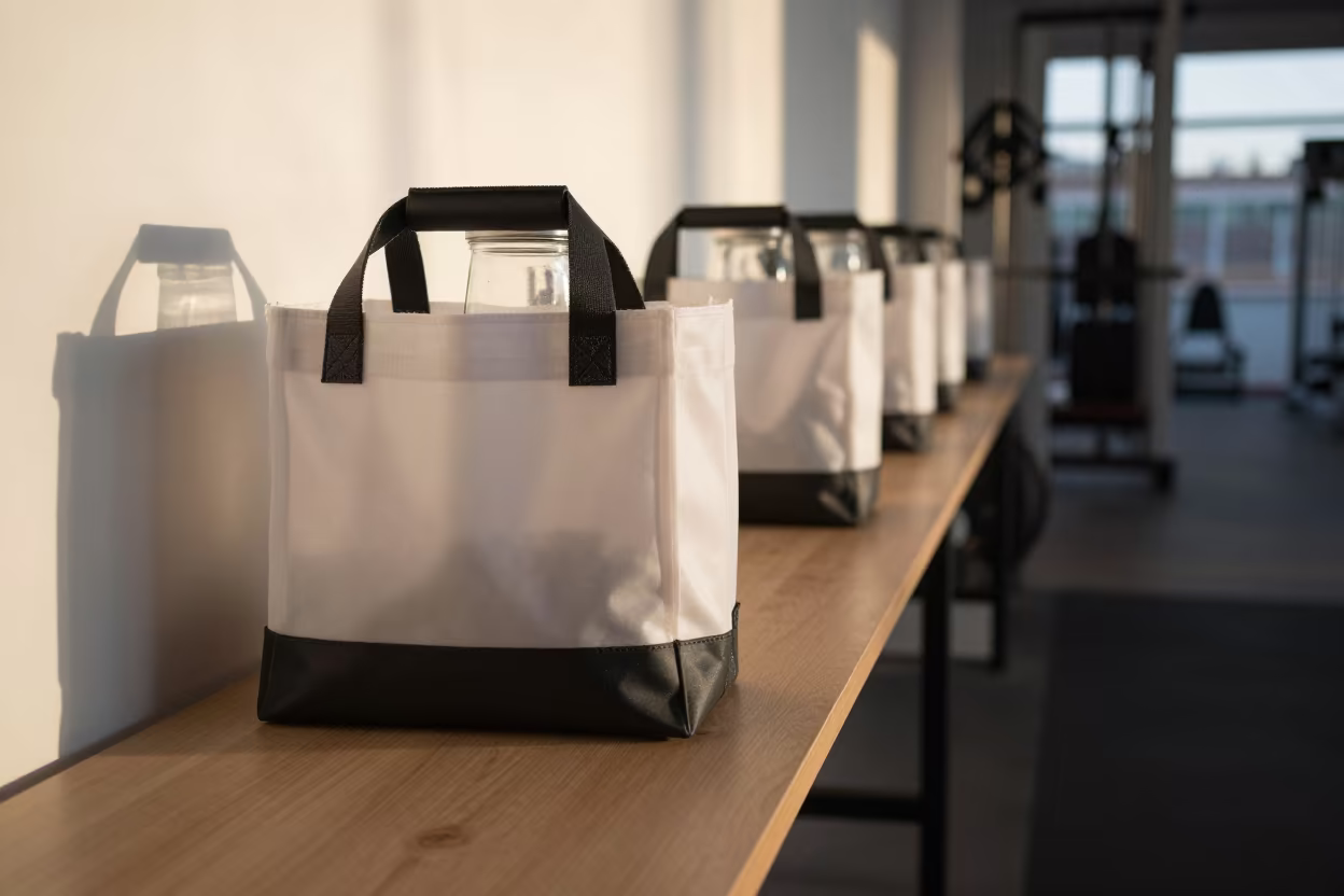 Locker Amenities Tote at Gym Desk in at a gym check-in desk near Salerno