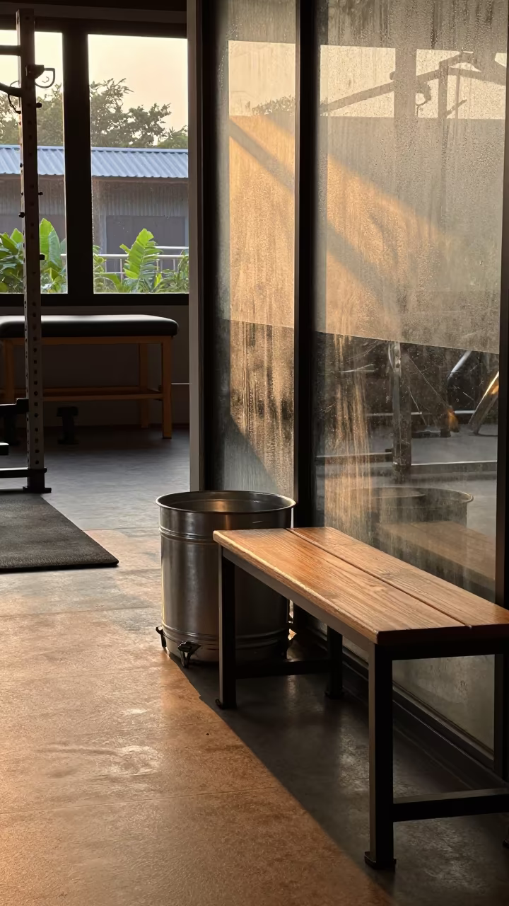 Locker Room Bench with Glide Bin in Evening Light in inside a strength room near Phrae
