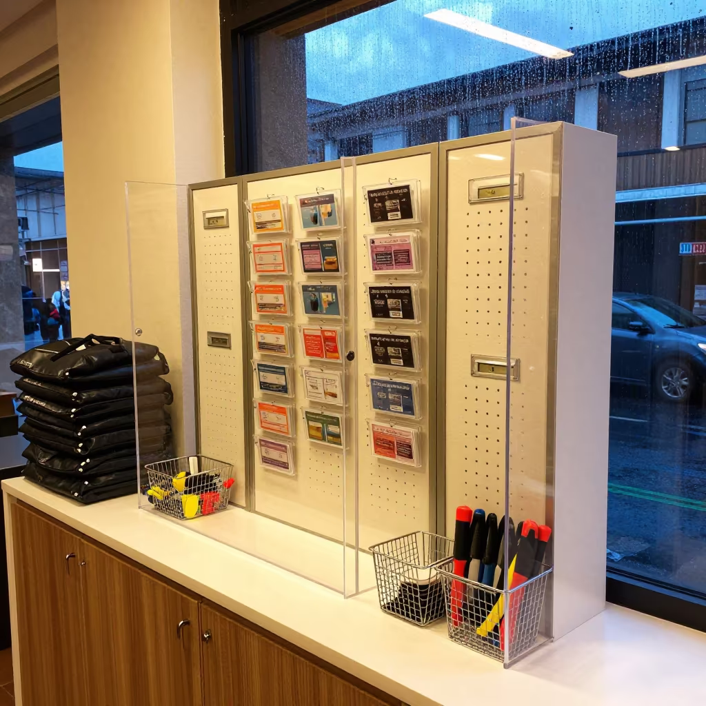 Locker Verification Stand in Quito Store Evening in at a cash wrap counter with bags stacked nearby near Quito