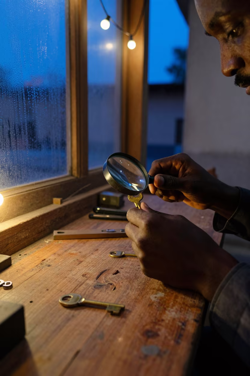 Locksmith Filing Key in Sokoto Twilight in on a dusty library table in Sokoto
