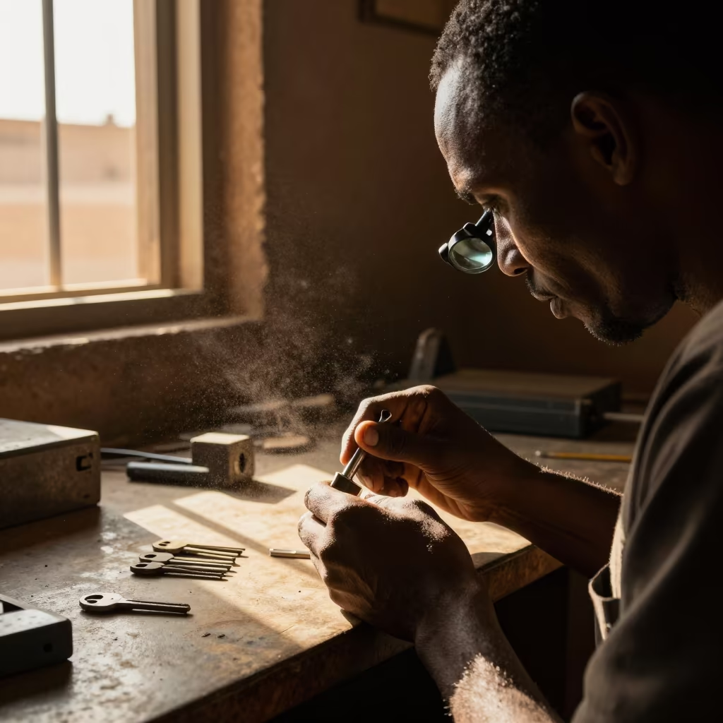 Locksmith Filing Key Under Window Light in on a pier railing near N'Djamena