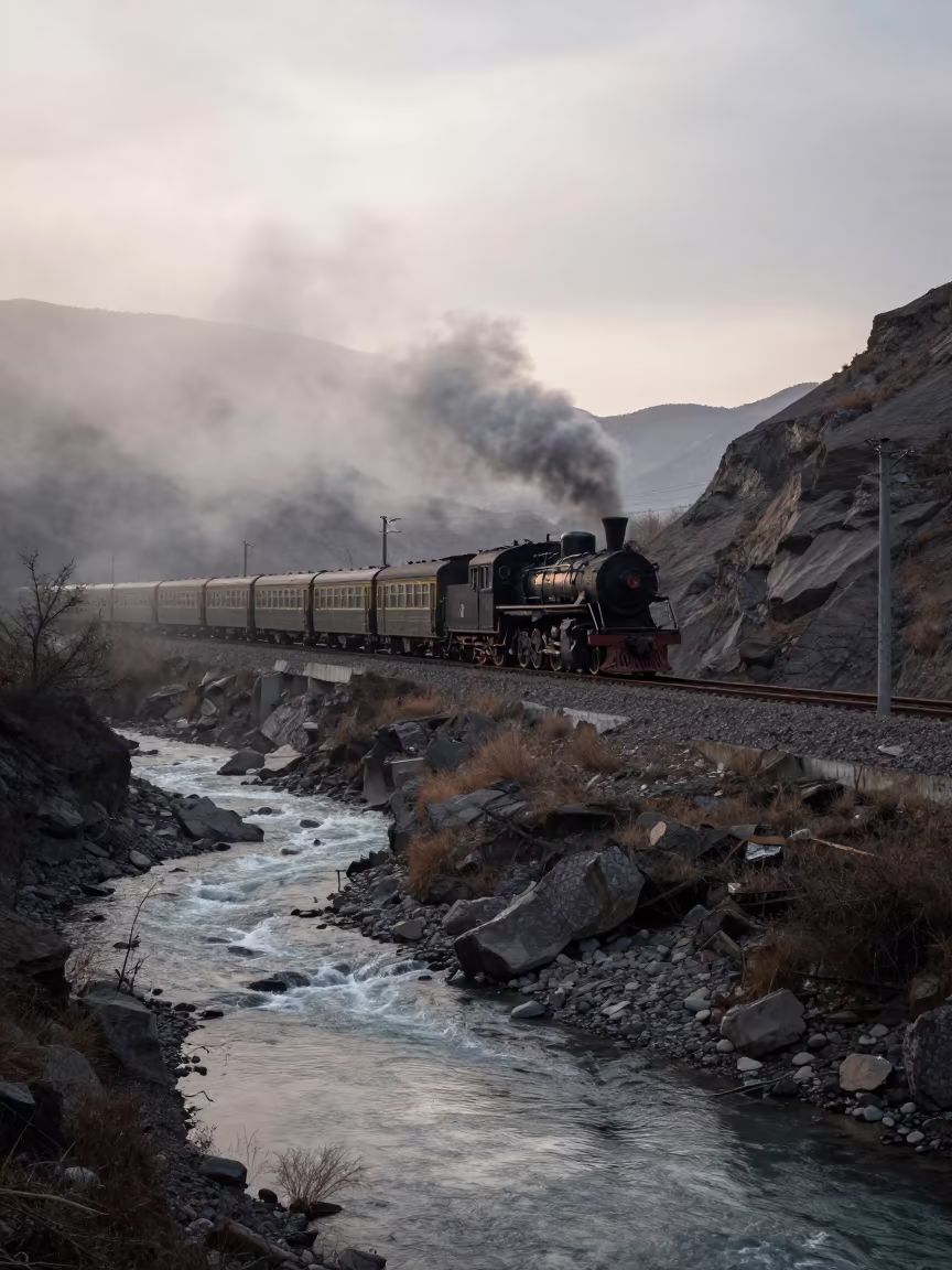 Locomotive Climbing Uphill River Mist in across a remote ferry crossing near Bishkek