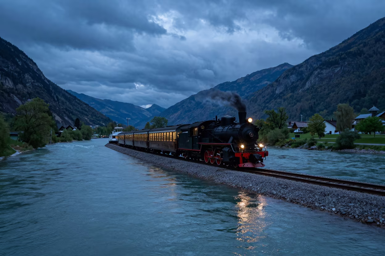 Locomotive Crossing River Valley in Austrian Blue Hour in across a remote ferry crossing in Austria