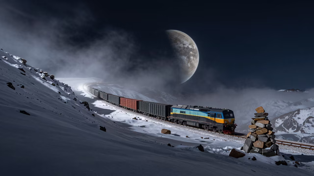 Locomotive Hauling Freight Through Snowy Pass in beside a summit cairn above the tree line near Thimphu