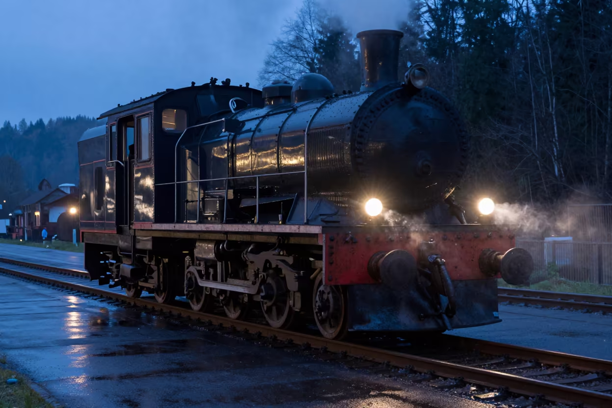 Locomotive Rotated by Hand on Twilight Turntable in along a switchback approach in the Black Forest
